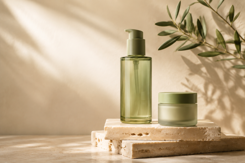 Sage glass skincare bottles on stone with an olive branch