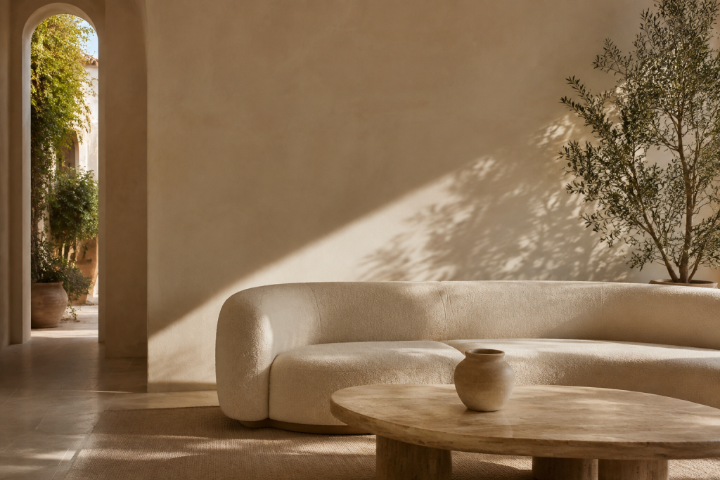 Sunlit living room with a sculptural sofa, travertine table, and olive tree